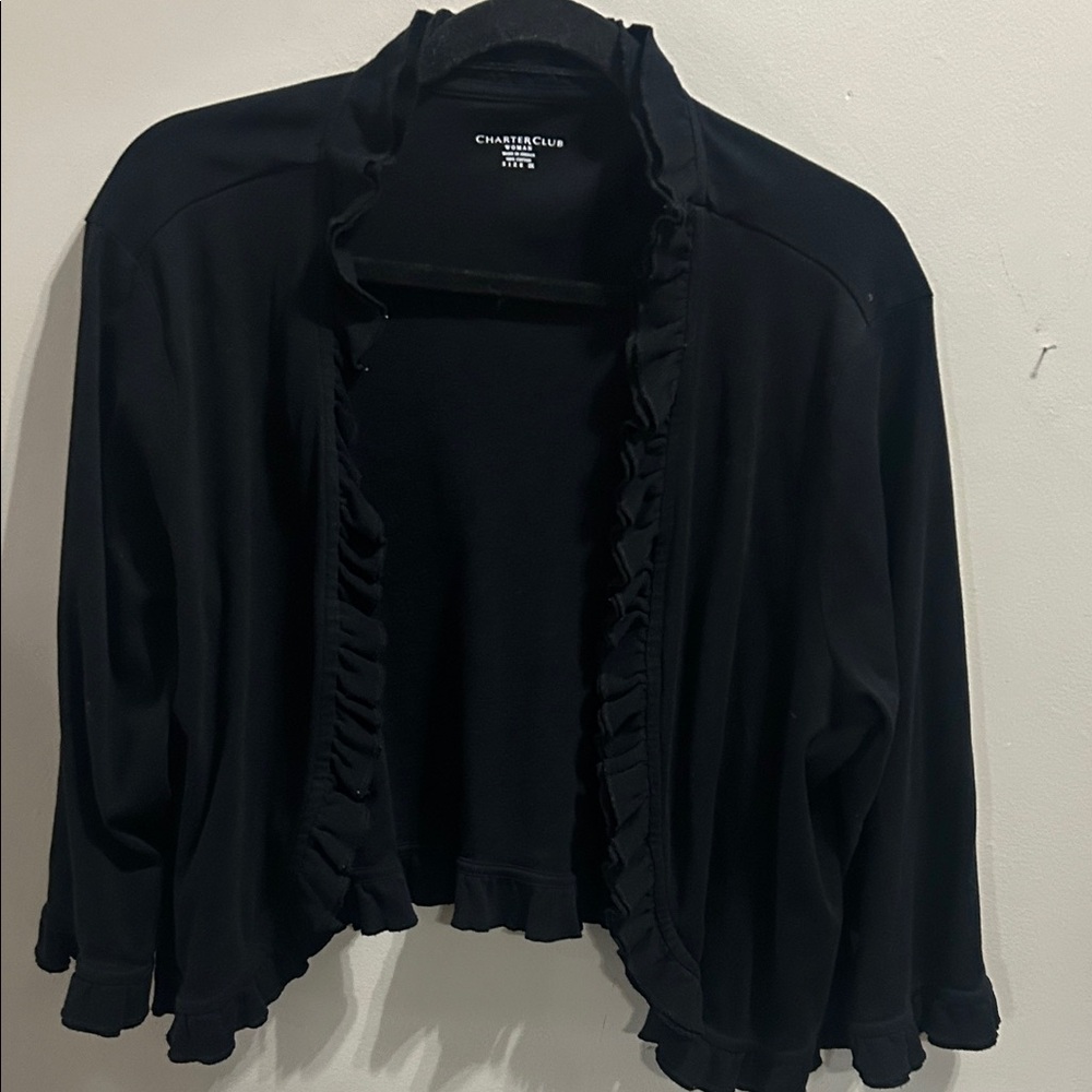 Charter Club Black Ruffle-Trim Open-Front Cropped Cardigan / Shrug